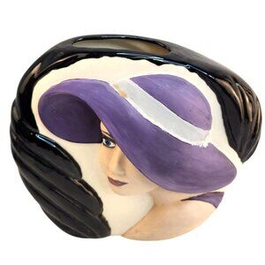 Decorative Ceramic Vase With Lady In Purple Hat Art Deco Style
